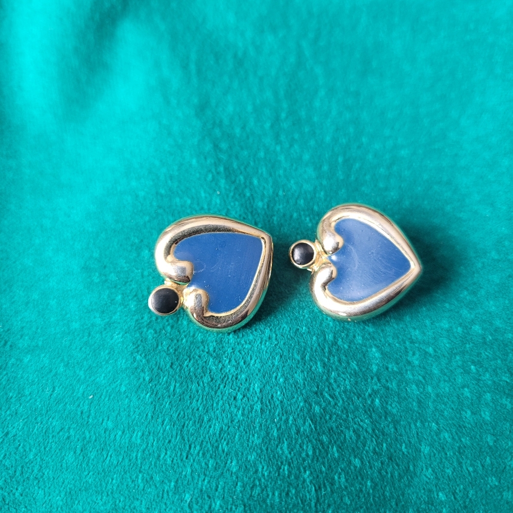 Vintage JS blue and gold clip-on heart shaped earrings